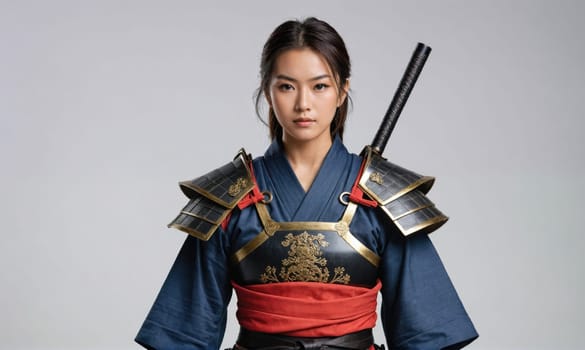 A woman wearing samurai armor stands in front of a gray backdrop. She is wearing a dark blue robe, red sash, and ornate armor plates.
