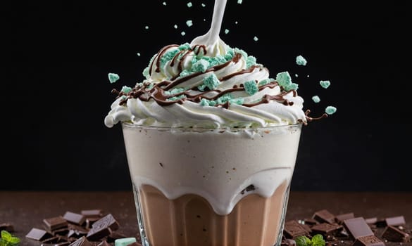 A tall glass filled with a chocolate milkshake topped with whipped cream, chocolate syrup, and mint sprinkles.