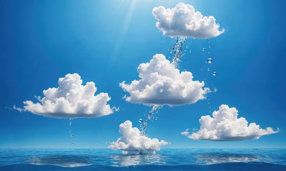 Four white clouds float in a bright blue sky, with water droplets falling from the clouds into the ocean below. The water is a deep blue, and the sun is shining brightly.