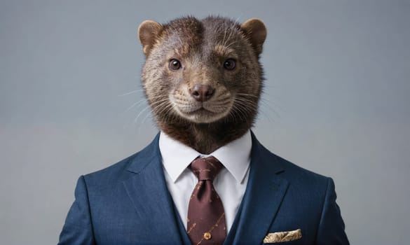 A weasel with a serious expression is wearing a blue suit, white shirt, and brown tie.