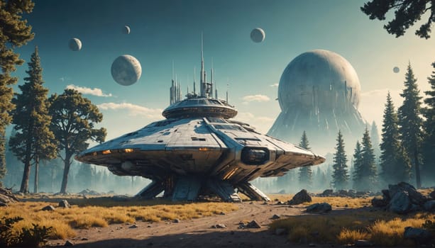 A large, round alien planet with buildings and structures on its surface looms in the background of this image. A futuristic spaceship sits in the foreground, surrounded by trees and a dusty path.