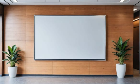 A large projector screen is mounted on a wood-paneled wall in a modern office building. There are two potted plants on either side of the screen, and the floor is a light gray concrete.