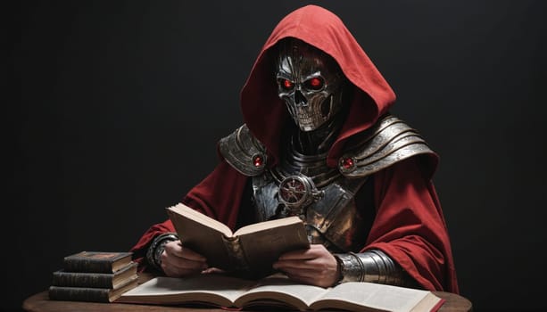 A figure with a skeletal face and red glowing eyes, wearing a red robe and metallic armor, sits at a table reading a book. The room is dark and the figure is the only source of light.