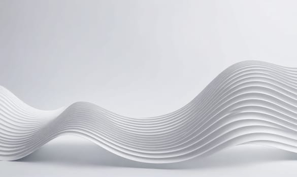 A white, abstract sculpture with a wavy shape made up of many layers. The sculpture is set against a white background, highlighting the smooth lines and curves.