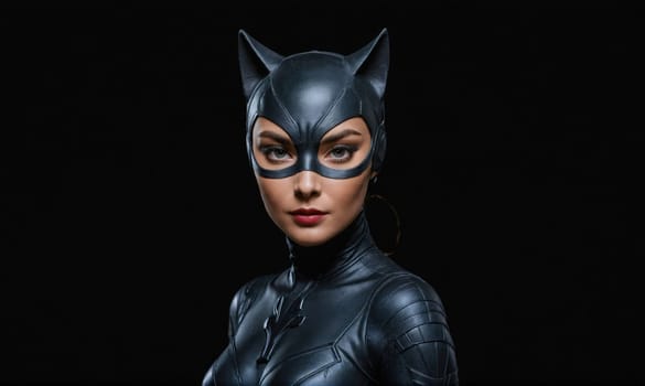 A woman wearing a black leather suit with a cat ears mask and a black cat symbol on the chest stares directly at the viewer. She has dark eye makeup and her hair is pulled back.