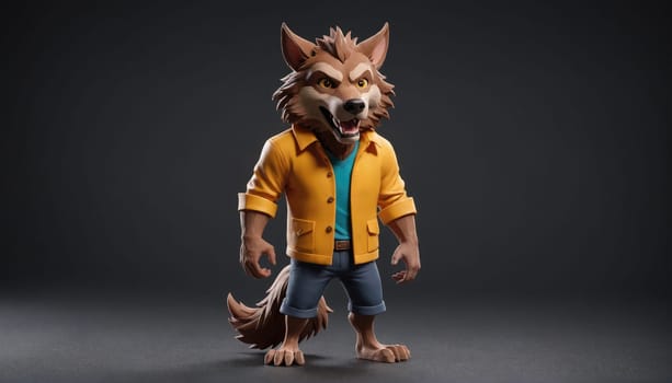 A 3D rendered werewolf wearing a yellow jacket and blue jeans stands on a gray platform against a solid gray background.