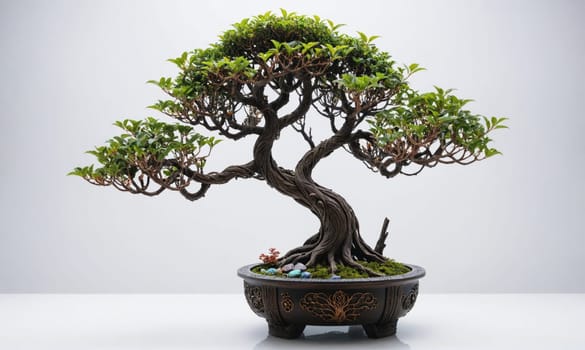 A bonsai tree with intricate branches and lush green foliage is planted in an ornate pot.