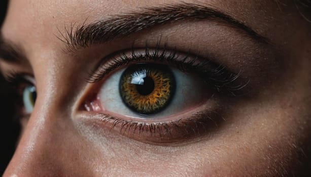 The image shows a close-up view of a woman's eye, focused on the iris and the surrounding eyelashes. The eye is looking directly at the camera, with the pupil clearly visible.