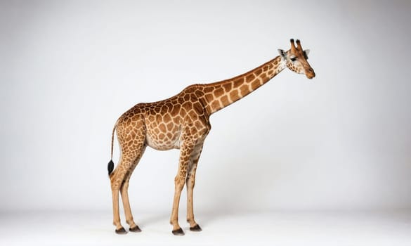 A tall giraffe with a long neck and spotted brown fur stands on a plain white background. It is looking to the side with its head tilted slightly down.