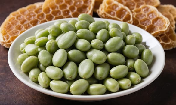 A white bowl filled with green olives rests on a dark wooden table. Pieces of honeycomb lie on the table behind the bowl.