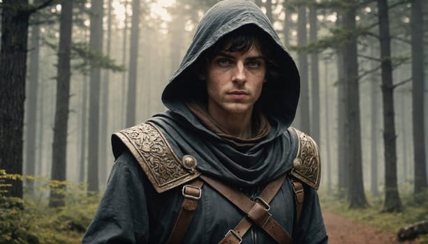 A man in a dark hooded cloak and leather straps stands in a forest, his face partially hidden by the hood. The forest is misty and the man's expression is serious.