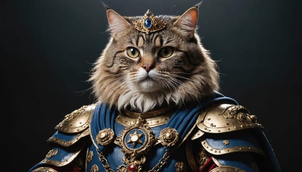 A cat with long, fluffy fur is dressed in gold armor and a blue cape. It wears a jeweled crown on its head and has a serious expression.