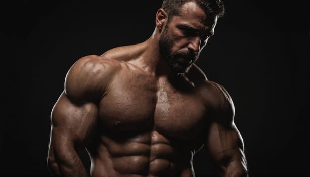 A shirtless man with defined muscles and a beard poses for a photo in a dark studio.