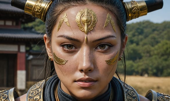 A woman with long black hair adorned with a gold headband looks directly at the camera. She wears golden makeup on her face and a golden necklace.