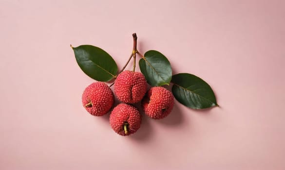 A small branch of lychees with green leaves rests on a pink surface. The lychees are red and ripe, with a textured skin.