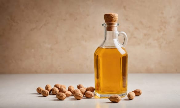 A bottle of peanut oil stands on a white surface. The bottle is made of clear glass and has a cork stopper. The bottle is full of golden yellow oil.