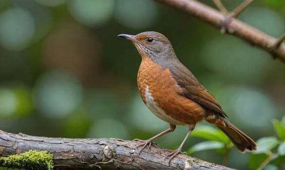 A small bird with brown and gray feathers stands on a branch in a forest. Its tail is long and its eyes are dark. The background is blurry, showing the green foliage of the forest.