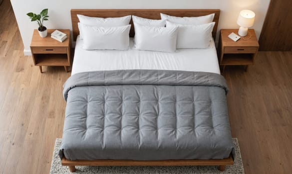 A gray comforter is neatly arranged on a bed with a wooden headboard. The bed has a white sheet underneath and two nightstands with lamps on either side.