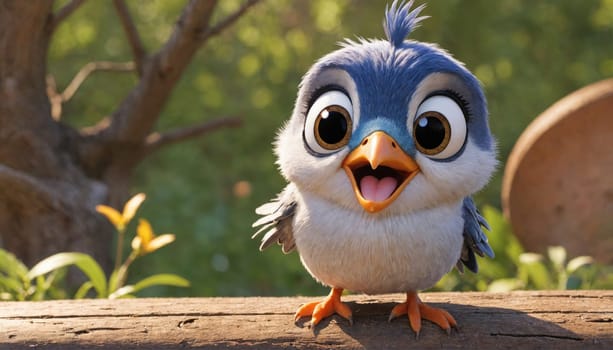 A cartoon bird with large eyes, a blue head, and a yellow beak stands on a wooden branch. The bird is smiling broadly and looking directly at the camera.