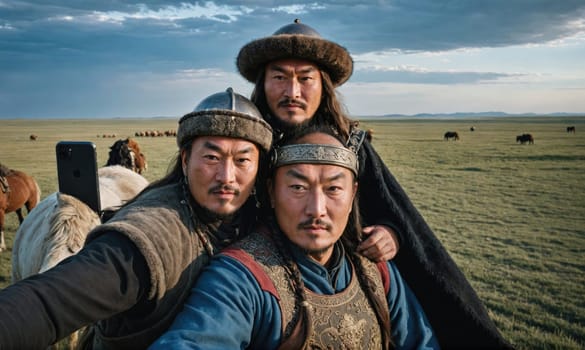 Three men in traditional Mongolian attire are taking a selfie in a grassy field with horses in the background. The men are smiling and looking at the camera.