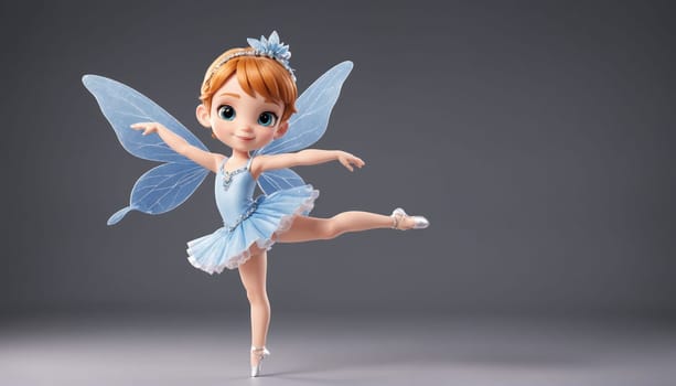 A 3D rendered fairy with blue wings and a blue tutu stands with one leg extended in a ballet pose. She is wearing a flower crown and is smiling. The background is a solid gray color.