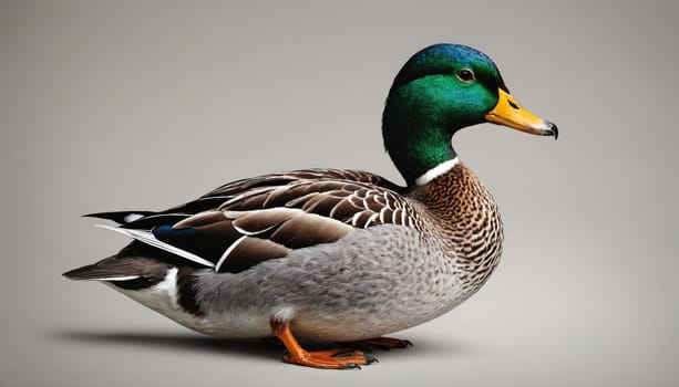 A mallard duck with a green head, a brown body, and orange feet is sitting on a light gray background. It is facing the right side of the image.