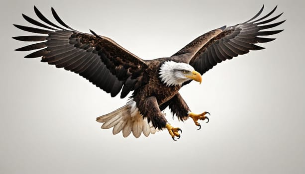 A bald eagle, with its wings outstretched, flies against a white background. The eagle's head and neck are white, with brown feathers covering the rest of its body.
