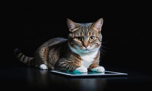 A tabby cat with white paws sits on a tablet. The cat is looking directly at the camera with a serious expression. The background is black.