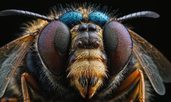 A bee is shown in a close-up, with its blue eyes and fuzzy face filling the frame. The bee's body is brown and black, and its wings are slightly visible.