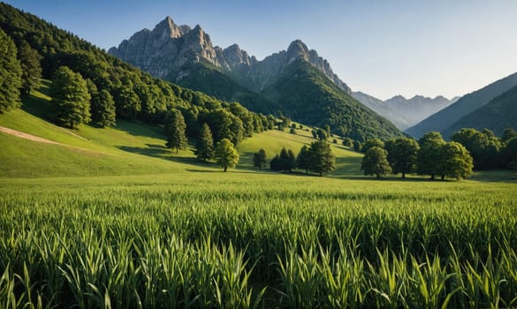 A wide shot of a green grassy valley with rolling hills and tall mountains in the background. The sky is blue with white clouds.
