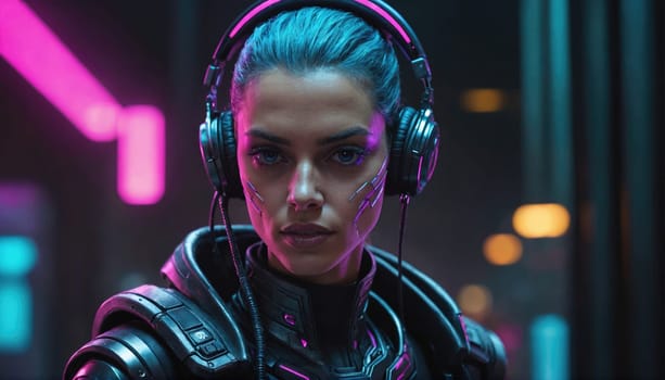 A woman with blue hair and headphones stands in a futuristic city, illuminated by neon lights. She wears a black, technological garment, possibly a suit. Her expression is intense and focused.