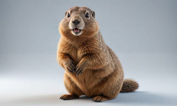 A groundhog is sitting upright on a plain white background. Its small, dark eyes are wide and it has a slight smile on its face. It is looking directly at the camera. Its brown fur is thick and soft.