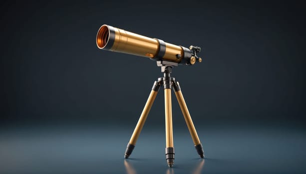A golden telescope is mounted on a wooden tripod. The telescope is pointed to the right, and the tripod is standing on a blue surface.