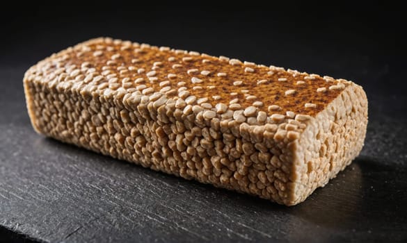A loaf of tempeh, a fermented soybean product, rests on a dark, slate-like surface. The tempeh is light brown and has a rough, pebbly texture.