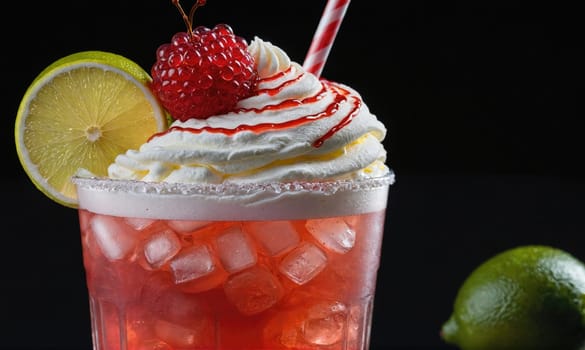A close-up of a red cocktail garnished with whipped cream, a lime wedge, and a red berry. The drink is served in a tall glass with ice. The background is black.