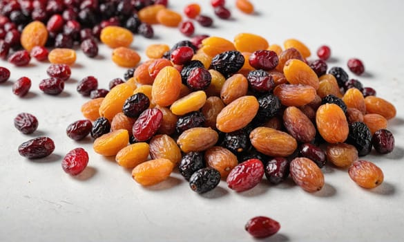 A close-up image of a pile of dried apricots, cranberries, and raisins on a white background. The dried fruit is arranged in a cluster, with some of the pieces scattered around the edges of the image.