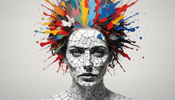 A woman with a face that appears cracked and made of white and gray tiles is surrounded by a burst of colorful paint splatters. The colors are red, orange, yellow, green, blue, and black.