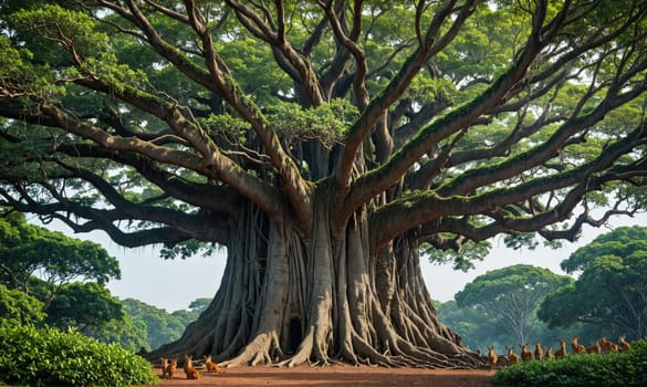 A large, old tree with thick roots and branches stands in a lush, green forest. The branches spread out wide, creating a canopy of leaves that shade the ground below.
