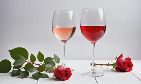 Two wine glasses sit on a white table. One glass contains ros? wine and the other contains red wine. A red rose and a rose stem with leaves are on either side of the glasses.