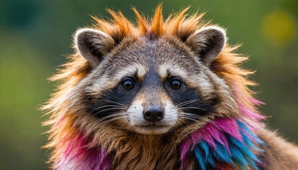 A raccoon with a pink and blue patch of fur on its neck looks directly at the camera with a serious expression.