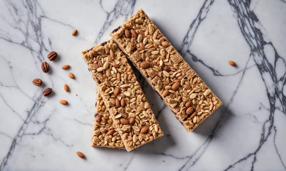 Three granola bars, each topped with almonds, pecans, and sunflower seeds, are arranged on a white marble surface.