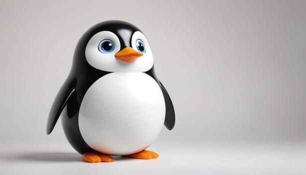 A black and white cartoon penguin with orange feet and beak stands upright on a white background. It has large blue eyes and a fluffy, rounded body.