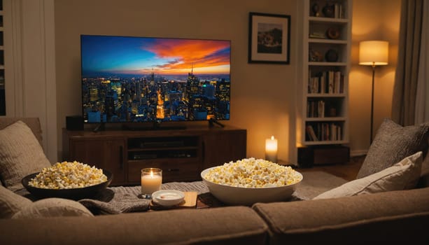 A living room with a large television playing a cityscape at sunset. On the coffee table in front of the couch are two bowls of popcorn and a lit candle. The couch is brown and has pillows on it.
