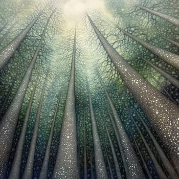 Bottom up view of tree tops in winter forest. High quality photo