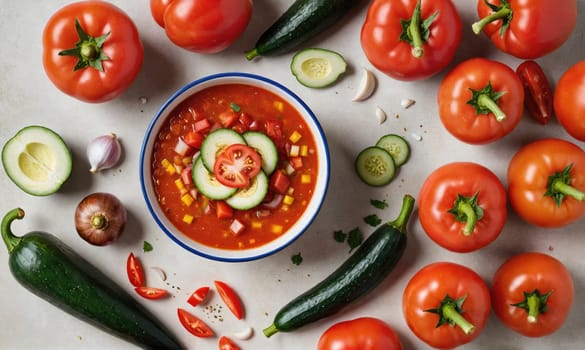 A bowl of gazpacho soup sits on a light gray table, surrounded by fresh ingredients like tomatoes, cucumbers, zucchini, and peppers.