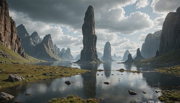 The image shows a wide shot of a mountainous landscape with a lake in the foreground. A tall, rocky spire stands out in the middle of the scene, with other smaller peaks surrounding it.