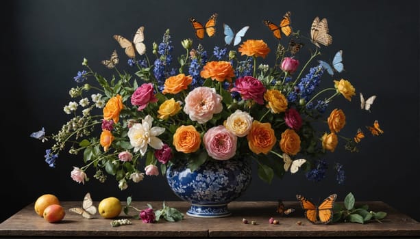 A bouquet of various pink, orange, and yellow roses, as well as blue delphiniums, are arranged in a decorative blue and white vase. The vase sits on a wooden table and is surrounded by butterflies.