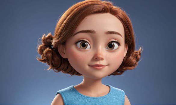 A girl with brown hair and big, brown eyes smiles at the camera. She has a blue tank top on. The background is a solid blue color.
