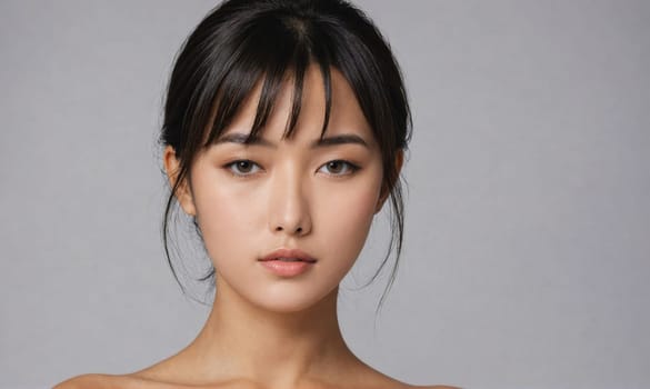 A woman with long, dark hair pulled back and styled with bangs looks directly at the camera with a neutral expression. Her skin is clear, and she has a soft, natural makeup look.