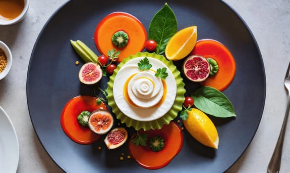 A plate of food arranged in a colorful and artistic pattern. It features figs, avocado, orange, and a white creamy dessert topped with parsley.